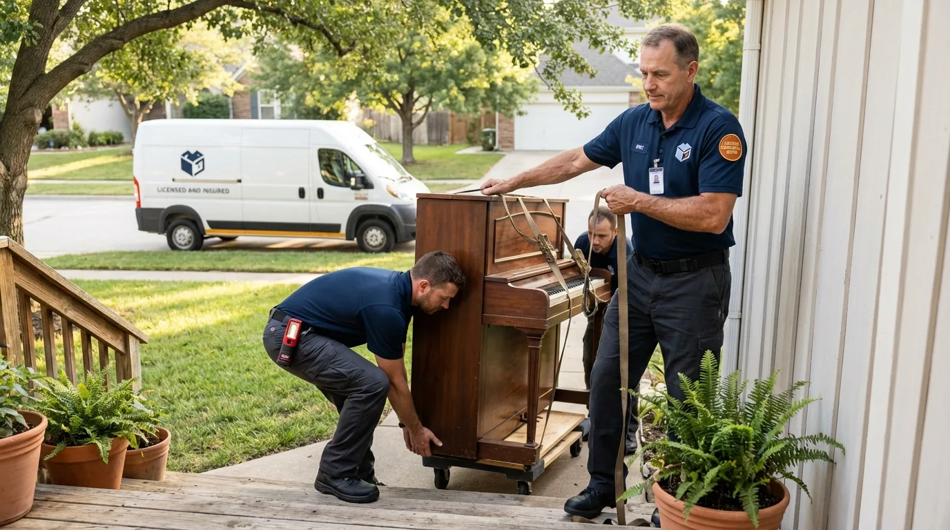 Licensed piano movers securing grand piano in Pearl River, NY
