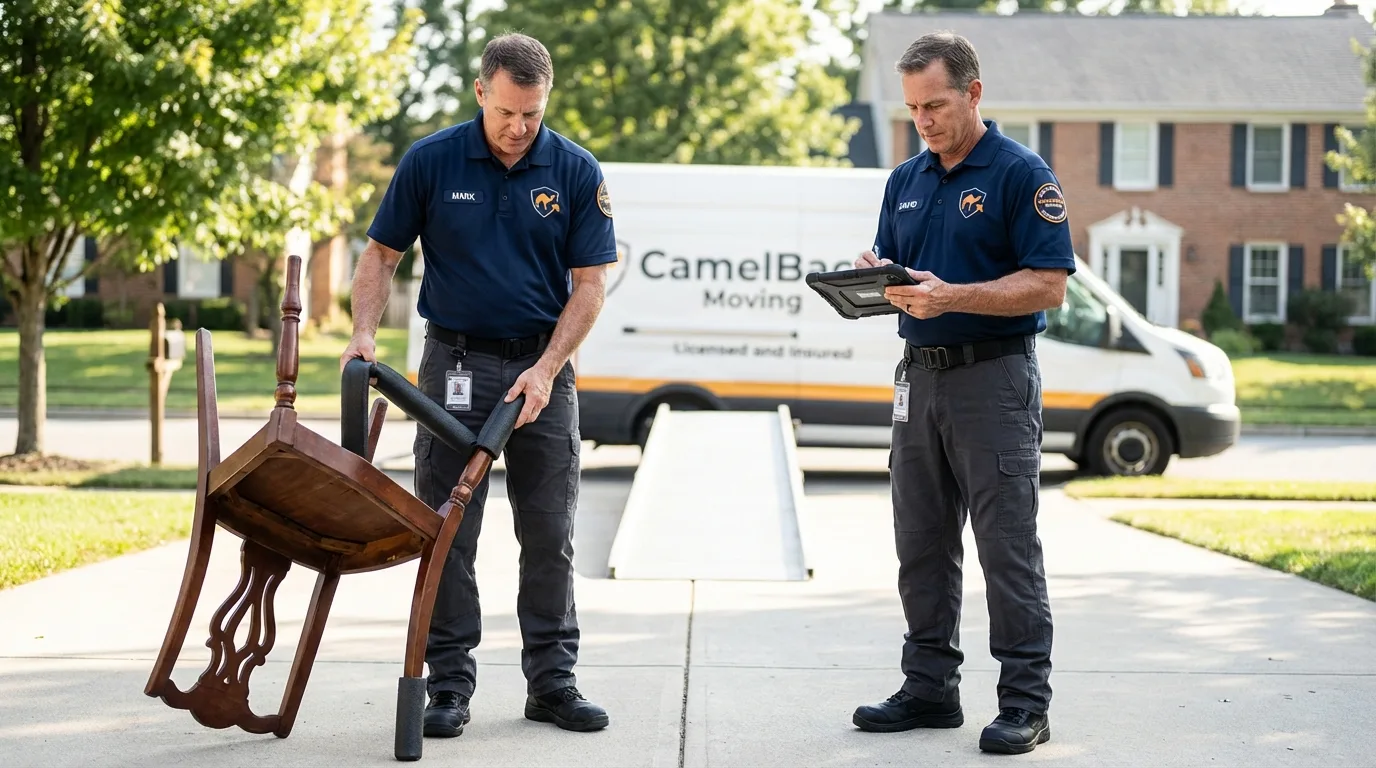 Movers inspecting furniture for damage prevention before loading in Pearl River, NY