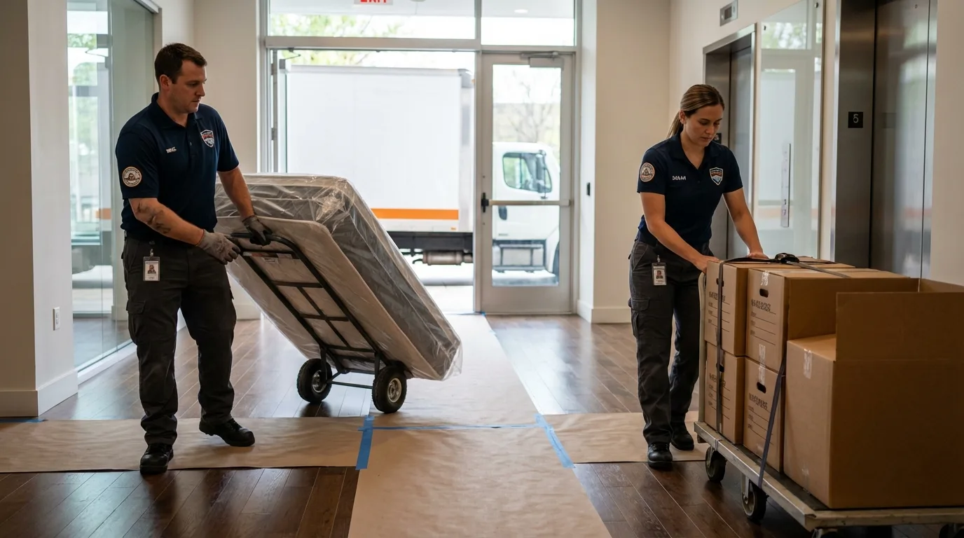 Professional apartment movers loading elevator in Pearl River, NY