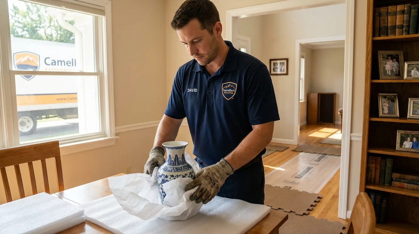 Professional crew carefully wrapping antique vase for senior downsizing move in Pearl River, NY
